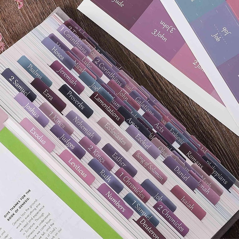 thinkor Laminated & Repostion Bible Tabs, Large Print Christian Gift for Women and Men, Easy to Read and Apply Bible Journaling Tabs (Purple & Pink Print) - Image 1